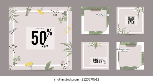 Instagram Social Media Story Post Feed Spring Summer Floral Green Background. Ripped Torn Paper Texture Banner Template For Beauty, Skin Care, Eco Natural Make Up, Food. Vector Illustration Graphic