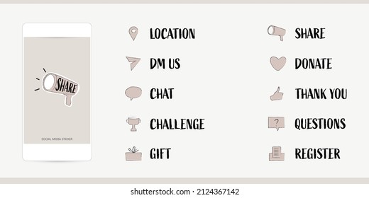 Instagram Social Media Story Post Infographic Sticker, Call To Action Button, Message, Share, Location, Subscribe, Like, Donate, Chat, Gift, Thank You Icon. Hand Drawn Simple Vector Illustration