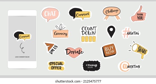 Instagram Social Media Story Post Infographic Sticker, Call To Action Button, Message, Share, Subscribe, Like, Chat, Thumbs Up, Special Offer, Sale Icon. Hand Drawn Simple Vector Illustration