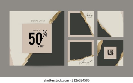 Instagram Social Media Story Post Background. Minimal Abstract Nude Beige Gold Dark Green Ripped Torn Paper Vector Mockup. Template For Beauty, Jewelry, Wedding, Make Up