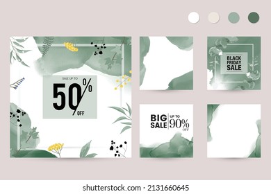 Instagram Social Media Story Post Feed Spring Summer Flower Green Background For Beauty. Product Promotion, Special Offer, Shopping, E-commerce, Marketing Template