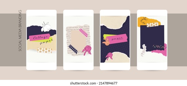 Instagram social media story post template. abstract spring summer background layout in pink yellow color. vector mockup in torn paper collage style for beauty, fashion, wedding content