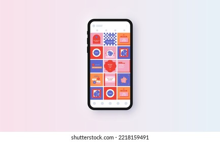 Instagram Social Media Template for Social Media, Screen Interface Application Mockup Easy to Use Colourful Presentation  on Black Mobile Phone