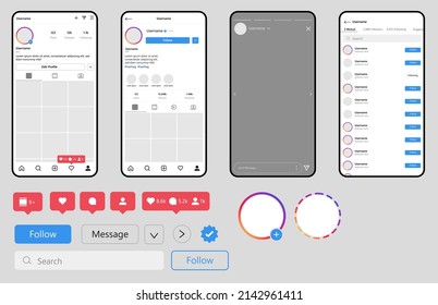 Instagram Social Media Vector Mockup Template, Instagram Profile Gallery Follower News Feed and Elements