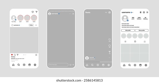 Instagram social network app UI mockup design with carousel post template, photo frames, and feed layout. Mobile app interface template for showcasing web posts and social media content.