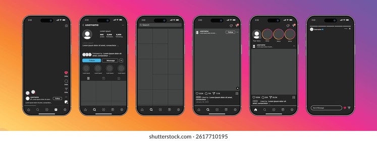 Instagram social network app interface mock up modo escuro. instagram carrossel post quadro fotos modelo, instagram feed web post mock up. modelo de interface de aplicativo móvel na rede social.