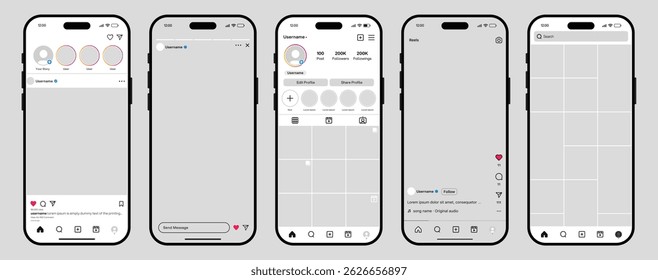 Instagram social network app interface interface mockup design. Maquete do Instagram. Modelo de interface de aplicativo móvel Instagram no Apple phone mockup.
