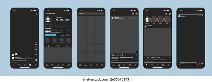 	
Instagram social network app interface mock up modo escuro. instagram carrossel post quadro fotos modelo, instagram feed web post mock up. modelo de interface de aplicativo móvel na rede social.