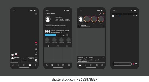 Instagram social network app interface mock up modo escuro. instagram carrossel post quadro fotos modelo, instagram feed web post mock up. modelo de interface de aplicativo móvel na rede social
