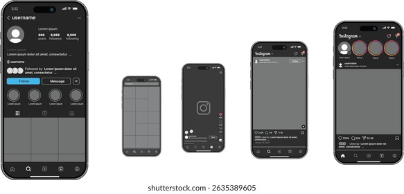 Instagram social network app interface mock up modo escuro. instagram carrossel post quadro fotos modelo, instagram feed web post mock up. modelo de interface de aplicativo móvel na rede social.