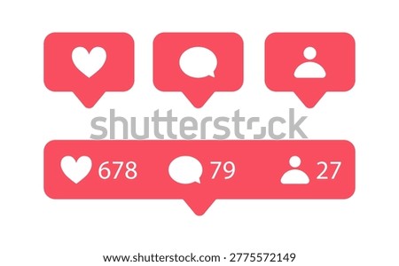 Instagram social network like, comment and follower account notification pop up icon set. Vector illustration