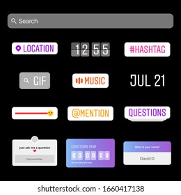 Instagram Stickers. Youtube. Social Media Interface Stickers. Sticker Set. Social Media. Hashtag, Emoji Slider, Countdown Timer, Location, Question, Time and Date Frames Vector illustration. Frame