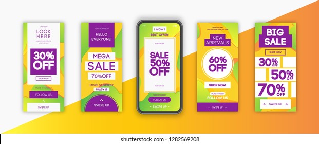 Instagram stories banner sale template set with liquid abstract modern gradient background for presentation, flyer, poster, invitation. Screen backdrop for mobile app. Streaming. Vector 10 eps