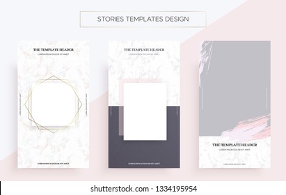 Instagram Stories banner templates with Marble. Luxury style.Vector Illustration. Pack from three layouts. Cool geometric design.