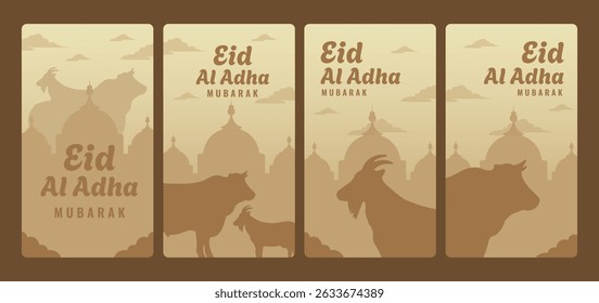 instagram stories collection for islamic eid al-adha celebration with illustration of goat and cow perfoect for boost your brand awarness