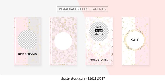 Instagram Stories Cool Vector Layout. Invitation Phone Design Pack. Social Media Blogger Frame Set. Trendy App Kit, Pink White Gold Elegant Geometric Marble Patterns. Instagram Stories VIP Layout