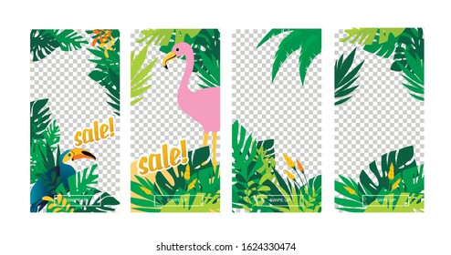 Instagram stories frame backgrounds with palm leaves and flamingo for social media. Vector set of social media stories design templates, backgrounds with copy space for text - summer landscape 