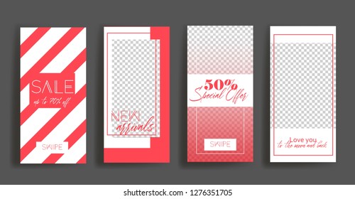 Instagram Stories Frame Templates. Valentine’s Day Vector Background. Mockup For Social Media Banner. Red Layout Design.