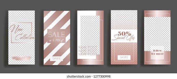 Instagram stories frame templates. Vector background. Mockup for social media banner. rose gold layout design.