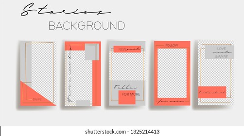 Instagram Stories Frame Templates. Vector Background. Mockup For Social Media Banner. Grey And Coral Gold Layout Design.