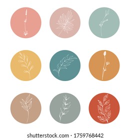 instagram Stories Simple line style. Basic Stories Covers Plants Line Icons. For the photographer, fashion blogger, Pilates studio, beauty salon.A set of 9 highlights covers. Editable vector on white.