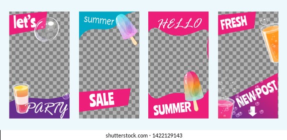 Instagram stories for summer sale, party and vacation. Set of bright templates. Vector illustration.