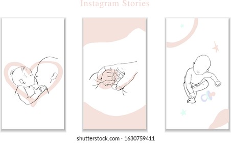 Instagram Stories Template  About  Baby And Mom, Motherhood,  Arms Of Newborn. Modern Design.  Light Pink, White Colors. Vector Illustrations. 