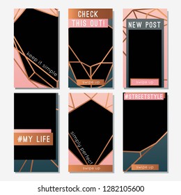 Instagram stories template with pink, grey and copper elements. Perfect for instagram blogger. Fully editable and scalable vector EPS file