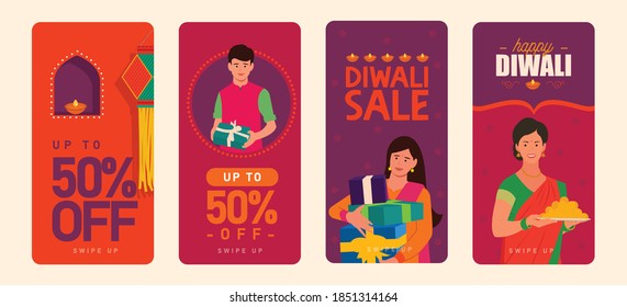 Instagram stories templates. Diwali sale background. Big festive offer. Diwali vector illustration with lamps.