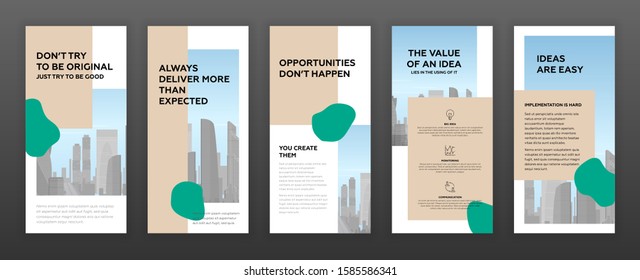 Instagram stories templates pack with cityscape vector illustration on background. Good for flyer, leaflet, booklet, roll-up banner, social media post, facebook story, presentation template.