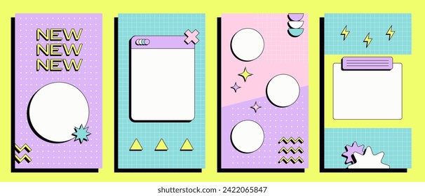 Instagram stories templates in trendy neobrutalism style. Social media background set. Vector illustration with frames and geometric shapes.