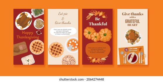 Instagram stories templates. Turkey, pumpkin pie, pumpkins and snacks. Vector templates for stories. Vector illustration Happy thanksgiving day