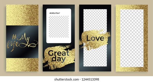 Instagram stories templates, vector illustration. insta frame. Golden glitter background for social media story. instagram story covers. unique instagram modern.   VIP design