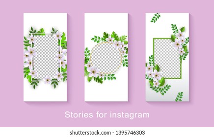 Instagram story frame with trendy floral design - white flowers with green leaves bouquet ready for social media post design, vector illustration