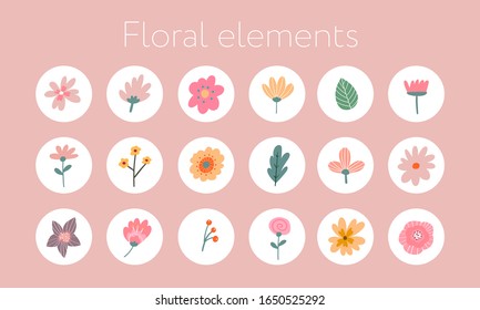 Instagram Story Highlight Icon. Set Of Hand Drawn Design Element With Flower And Leaf. Hand Boho Flower Logo Design. Logo For Boutique, Floral Shop, Artist, Eco Product, Organic Shop.