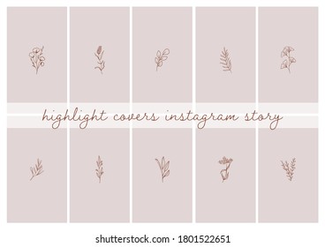 Instagram Story Highlight Icon. Set of Pastel Botanical Hand Drawn design element with flower and leaf. Insta Story Highlight Cover Icon. Highlight Story Natural.