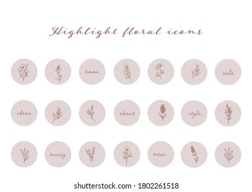 Instagram Story Highlight Icon. Set of Hand Drawn design element with flower and leaf. Hand Boho Flower Logo design. Insta Story Highlight Cover Icon. Highlight Story Natural.