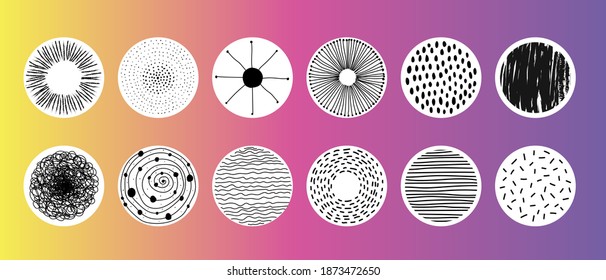 Instagram story highlights icons. Graphic minimalistic symbols in circles. Instagram feed design elements. Blogger icon pack for social media. Dots, lines, spots. Imitation of hand drawing. 
