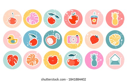 Instagram story highlights icons. Set of colorful circles with a variety of illustrated elements. Monstera, cherries, photo camera. Blogger icon pack for social media. Instagram feed design elements.