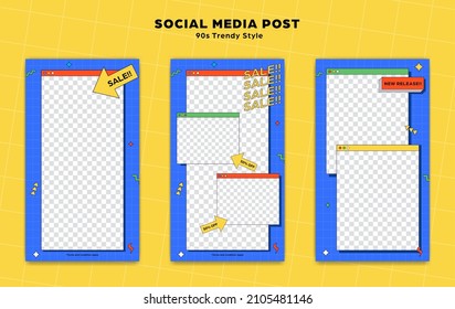 Instagram story post, social media  and web internet ads template in set 90s retro trendy cartoon style