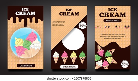 Instagram story and standing banner for ice cream with wafers and chocolate, complemented by cute ice cream characters