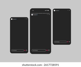 
Instagram Story UI Mockup Template - Design de Interface de Aplicativo Modo Escuro Exibido em Fundo Cinza

