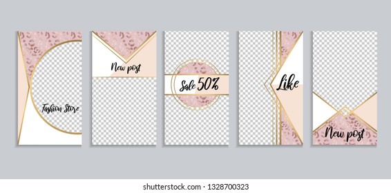 Instagram strories templates set. Chic style banners for social networks with animal print, rose gold geometric design. Vector illustration