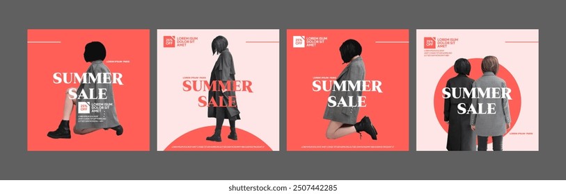 instagram summer sale social media post template poster fashion clothing store sales shopping promotion red pink vector logo background color slider carousel flat minimal design square size vector