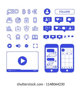 Instagram Template, Like Symbol, Message And Notification Set. Youtube, Facebook, Iphone, Vector, Application Buttons And Icons Vector Set 