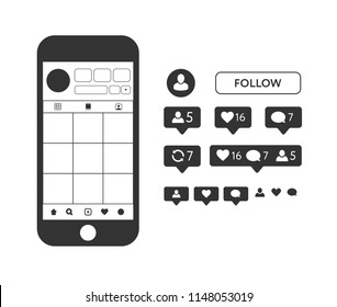 Instagram Template, Mock Up, Like Symbol, Message And Notification Set. Youtube, Facebook, Iphone, Vector, Application Buttons And Icons Vector Set 