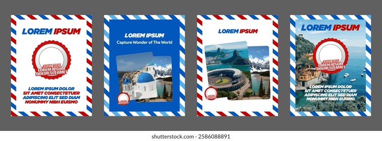 instagram travel postcard slider carousel poster banner template vertical size social media vintage postcards white paper texture postal card design blue red white color post card poster templates