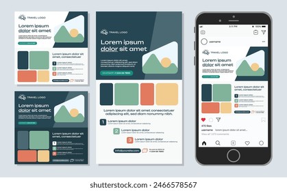 instagram travel vacation poster story template hotel booking tourism banner social media post templates green red yellow colors, white background minimal flat simple modern design vector illustration