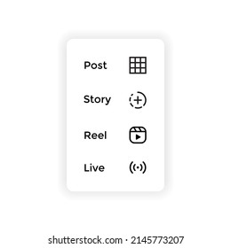 Instagram UI. Add Post, Story, Reel And Live Icon Vector