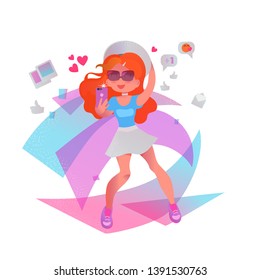 Instagram video streaming concept illustration. Influencer blogger girl communicates in social networks.